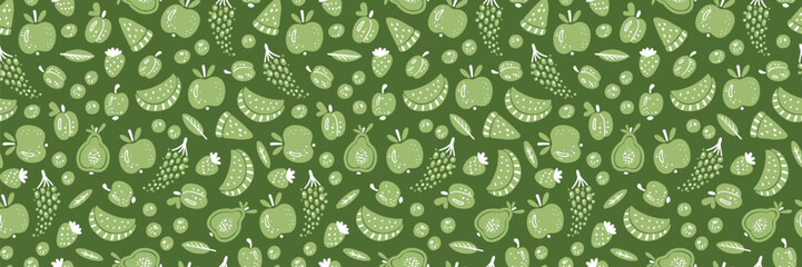 Berries and Fruits Vector Seamless Banner Pattern. Bright Green Summer Fruit Background. Vector Illustration