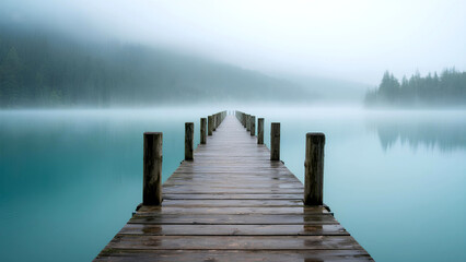 Fototapeta premium Wooden Pier Extending into Misty Teal Lake, Calm Waterscape with Fog, Reflection, and Turquoise Haze, Serene Travel Destination, Peaceful Shore, Moody Nature, Meditation, Escape, Quiet Solitude