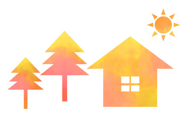 水彩風ピンクオレンジの家と木と太陽のシルエットのイラスト
