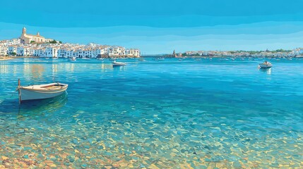 Tranquil coastal scene with a small boat and a town.