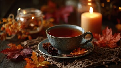 Autumnal teacup scene with warm lighting