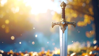 Sword in autumnal forest