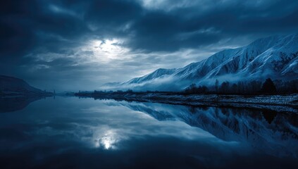 Naklejka premium Silent, moonlit winter landscape; snow-capped mountains mirrored on a still lake