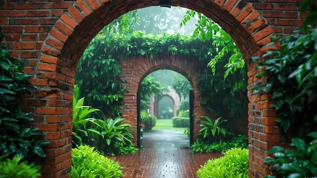 A brick archway leading to a lush green garden, perfect for nature and outdoor scenes