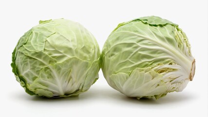 Fototapeta premium Two fresh cabbage heads on a white background. The bright green color and texture of the leaves create a natural look, emphasizing the health and freshness of the vegetables.