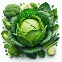 Fototapeta premium fresh green cabbage with bright leaves on a white background. Its natural appearance and texture emphasize its freshness and usefulness, ideal for a healthy diet.