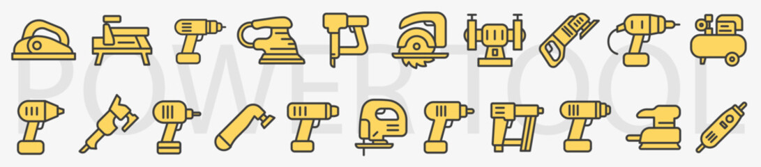 Set of yellow vector icons of power tools with black outline. Your choice for projects related to repair and construction.