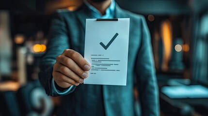 Businessman showing document validation icon, signifying corporate policy. 