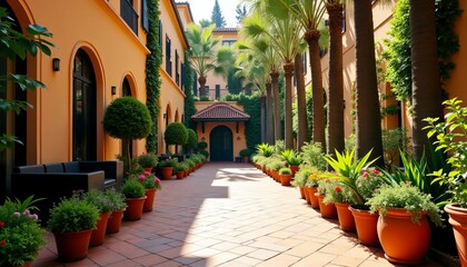 Obraz premium Picturesque European Courtyard Sun-Drenched Terracotta Tiles Lush Greenery and Colorful Flowers A Tranquil Oasis