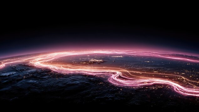 Earth at night, glowing network of light trails