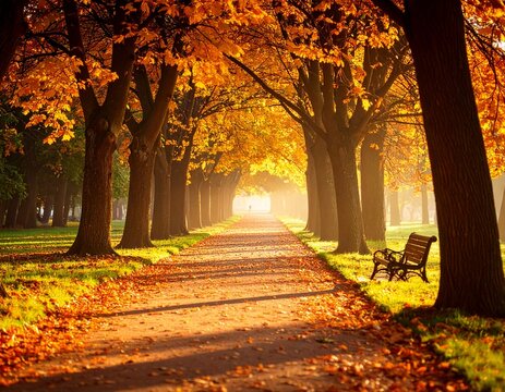 Auntum park alley with tall trees and vibrant orange foliage, fallen leaves covering the pathway, serene and atmospheric fall landscape - Powered by Adobe