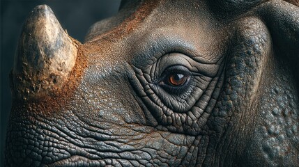 Close-up portrait showcasing the textured skin and soulful eye of a rhino