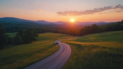 Car Driving Along Winding Road in Green Valley at Sunset 