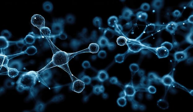 Abstract molecular structure. Dark background with light blue interconnected molecules