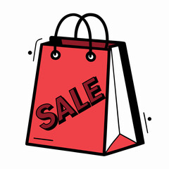 Red shopping bag with bold SALE text in black outline style on white background symbolizing seasonal discount event
