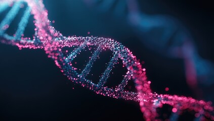 DNA double helix, glowing pink and teal particles