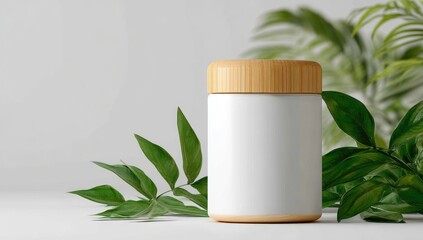 Blank white jar with light brown wooden lid, surrounded by lush green leaves