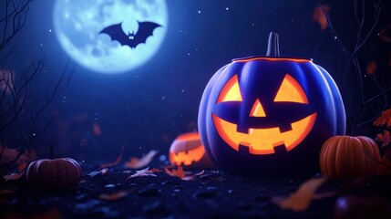 Obraz premium Spooky Halloween scene with glowing jack-o'-lanterns and moon