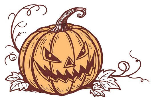 Spooky jack o lantern pumpkin with vine and leaves illustration