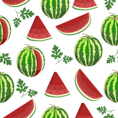 Seamless pattern of juicy watermelons, sliced, sliced,watermelon leaves on a white background.Vector pattern for textiles and packaging.