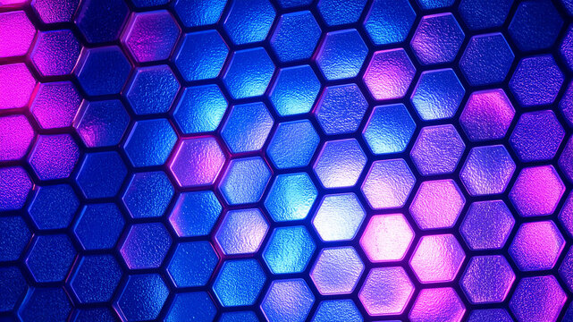 An abstract, close-up shot of a glowing hexagon texture. The vibrant blue and purple neon light highlights the geometric pattern, creating a modern, futuristic background. - Powered by Adobe