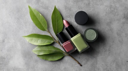 A flatlay showcasing two tubes of lipstick and nail polish in muted rose and sage green hues, accompanied by a small jar of eyeshadow and a sprig 