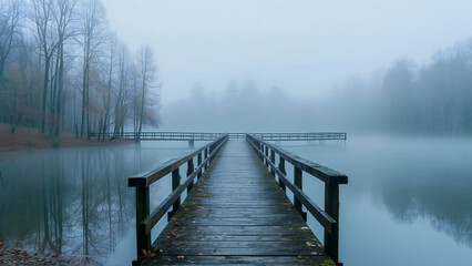 Fototapeta premium A misty morning over the lake with an old wooden bridge