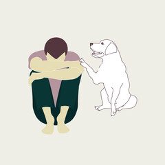 A depressed man sits alone dog sympathizes with its owner, helps relieve stress and cope with depression. Boy embracing his knees, moment of despair. Self-flagellation, paranoia anxiety fears mental h