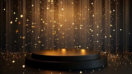 Elegant black podium with golden glitter and light streaks, ideal for product display or award ceremony.