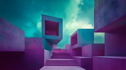Abstract Purple and Teal Geometric Architecture Steps