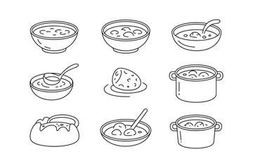 Bowls pots and ladle with soup and dumplings line art