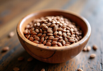 flax seeds in a wooden glass, bowl on a wooden table close-up
