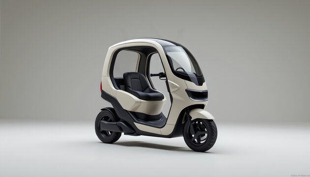 A compact, futuristic three-wheeled electric vehicle with a closed cabin and sleek design, suitable for urban commuting.