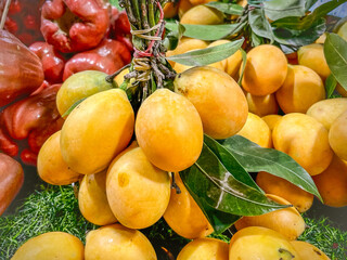 Fresh yellow Mariana plums, known as Gandaria, sit on a counter. The juicy tropical fruit is...