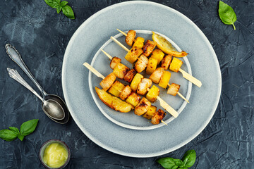 Sea scallops on skewers, delicious barbecue.