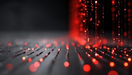 Abstract digital art, dark gray surface with red glowing lines and particles, cascading red light