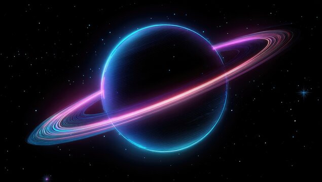 Cosmic ringed planet glows in dark space - Powered by Adobe