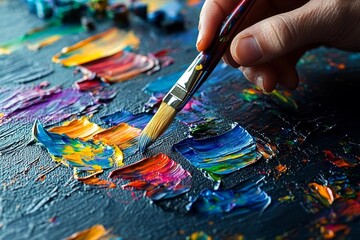 Fototapeta premium The Artistic Process: A Close-Up of a Painter's Hand Bringing Colorful Brush Strokes to Life on Canvas