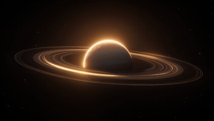 Ringed planet glows golden in deep space