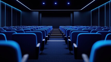 Fototapeta premium Modern empty cinema hall with blue seating and ambient lighting