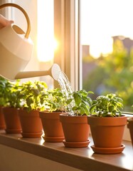 Sunlit windowsill, hand waters potted herbs