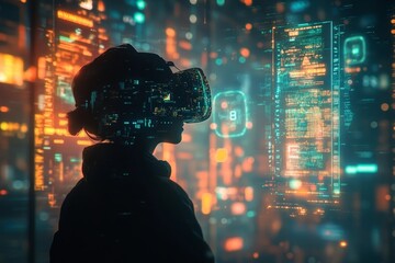 A person immersed in virtual reality with holographic data visualizations floating around them in futuristic concept photo.