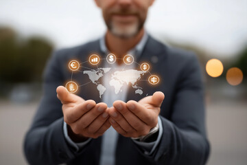 Smart investor holding digital world with economic data flow, floating currency icons, bokeh cityscape background, golden hour lighting