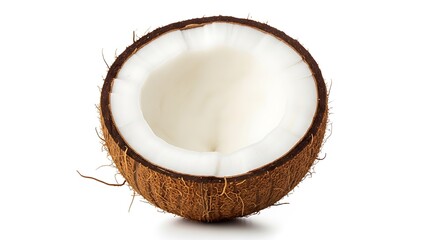 Close up of a halved coconut with white flesh on a white background
