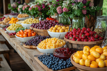 Obraz premium Bowls of fruit and flowers on a table.
