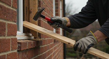 Man boarding up window frame with work gloves in late light showing motion, texture, and detail
