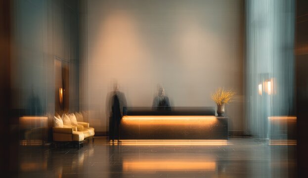 Blurred lobby interior, modern hotel reception
