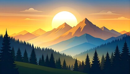 Sunrise over a majestic mountain range, silhouetted against a vibrant sky
