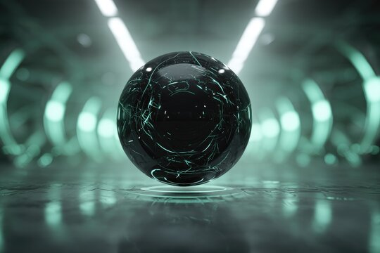 Dark sphere floats in a futuristic tunnel lit by vibrant teal light - Powered by Adobe