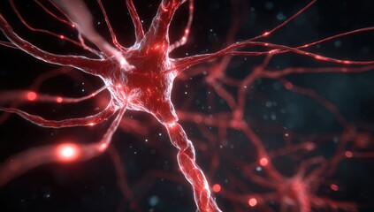 Red nerve cell, intricate network, glowing extensions